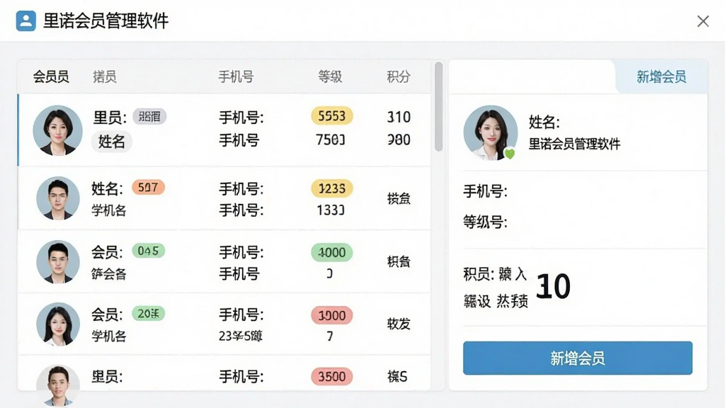 主体:里诺会员管理软件的会员档案界面,显示会员头像、姓名、手机号、等级和积分。布局:界面以表格形式展示,左侧为会员列表,右侧为选中会员的详细信息。排版:表格行清晰,字段对齐,信息完整。风格:扁平化设计,色彩简洁,突出数据可读性。细节:会员等级用彩色标签显示,积分数字醒目,界面包含“新增会员”按钮。画质:高清,干净,无多余元素。