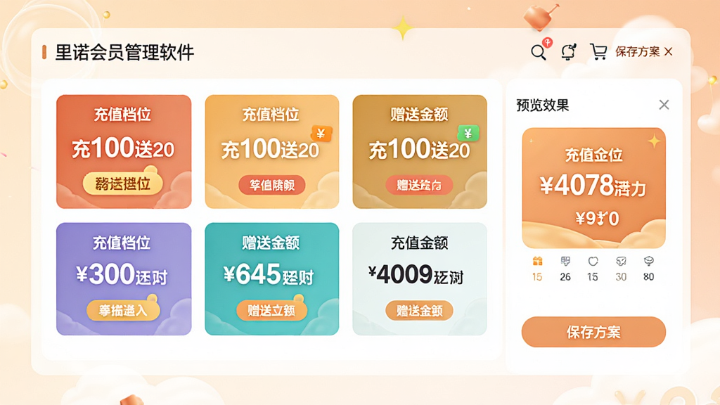 主体:里诺会员管理软件的充值方案设置界面,显示不同充值档位和赠送金额。布局:界面中央为方案列表,每个方案用卡片展示,右侧为预览效果。排版:卡片式布局,金额用大号字体突出显示。风格:现代简约,色彩温暖,营造促销氛围。细节:卡片上标注“充100送20”等字样,界面有“保存方案”按钮。画质:高清,干净,无多余元素。