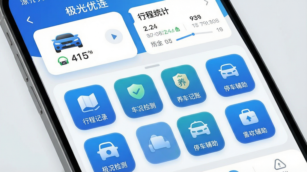 一张展示极光优连手机应用主界面的高清截图,界面布局清晰,顶部显示车辆状态卡片与行程统计,中部为功能图标矩阵,包含行程记录、车况检测、养车记账、停车辅助等模块,整体采用蓝色科技风格,图标圆润精致,背景为干净的浅灰色,画面干净无多余元素,画质清晰,突出“极光优连”四字品牌标识。
