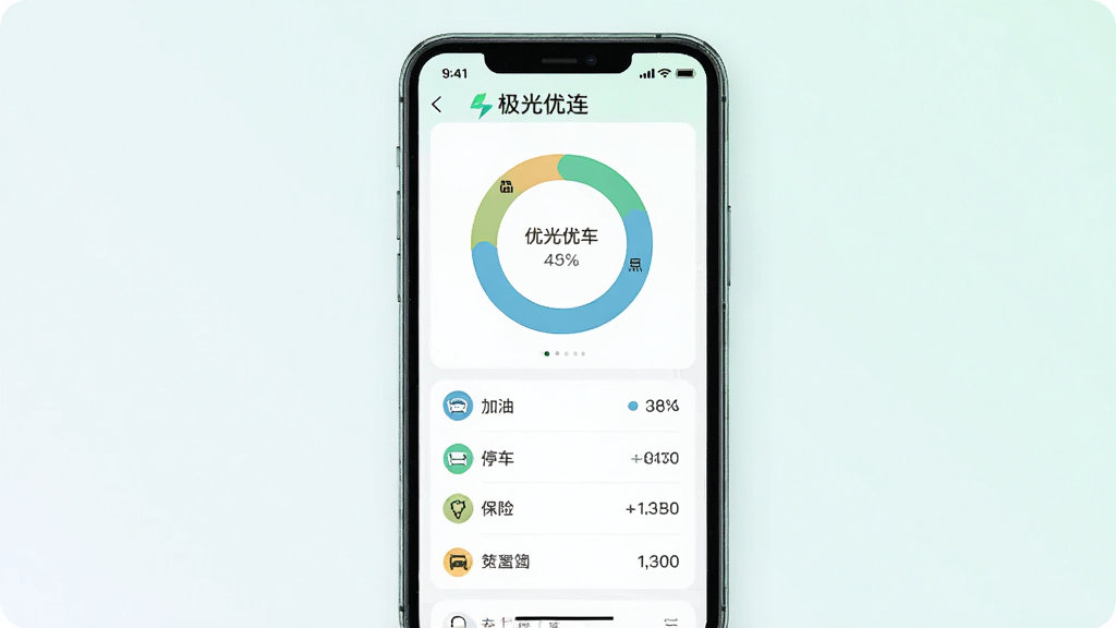 一张展示极光优连养车记账功能的界面预览图,屏幕显示一个环形统计图,下方列出加油、停车、保险等分类支出明细,采用清新淡雅的配色,卡片布局整齐,数据可视化清晰,整体风格干净明快,突出“极光优连”品牌标识。