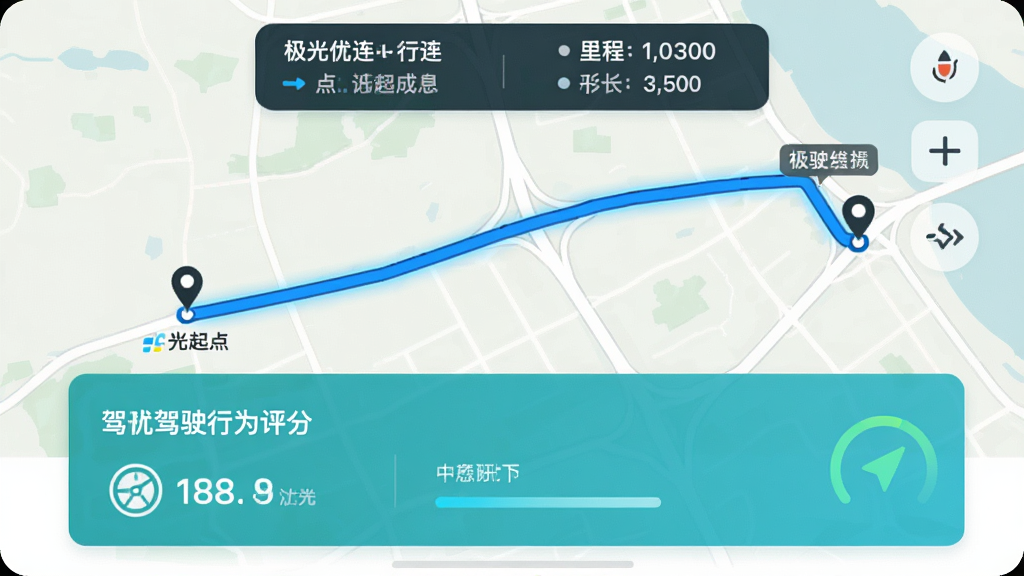 一张展示极光优连智能行程记录功能的预览图,界面显示一条从起点到终点的地图轨迹,上方标注行驶里程与时长数据,下方为驾驶行为评分卡片,整体风格简洁,地图背景为浅色,轨迹线为蓝色高亮,画面干净无多余元素,画质清晰,突出“极光优连”品牌标识。