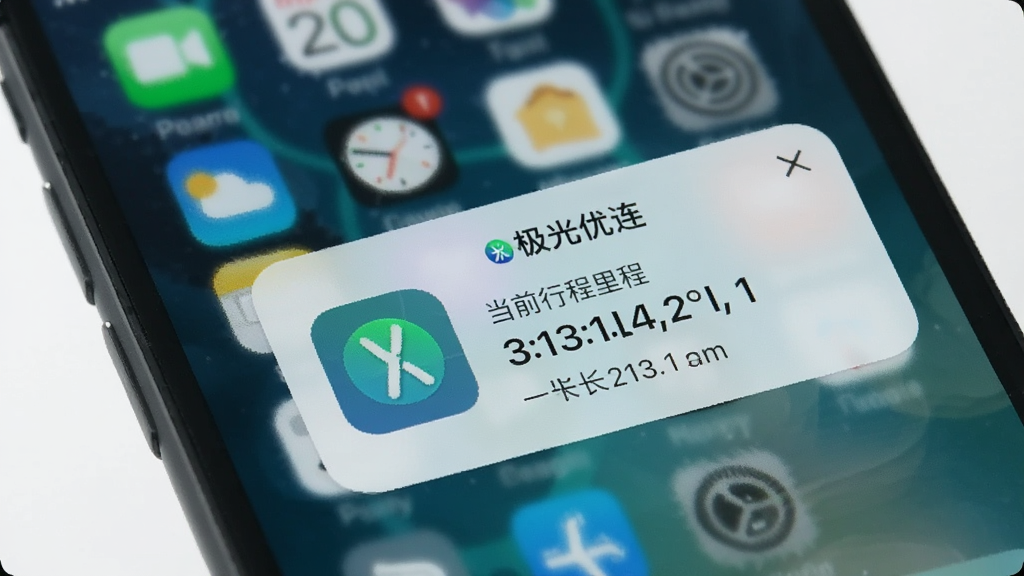 一张展示极光优连在手机后台运行时的界面截图,手机屏幕显示极光优连的悬浮窗小图标,背景为模糊的桌面,悬浮窗显示当前行程里程与时长,画面干净,突出“极光优连”品牌标识。