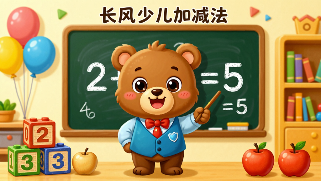 画面主体为一只卡通小熊老师站在黑板前,黑板上写着简单的加法算式“2+3=5”,黑板旁边有数字积木和苹果道具,背景是温馨的儿童教室,有彩色气球和书架。整体布局中心突出,排版清晰,采用明亮鲜艳的卡通插画风格,细节丰富,画质高清干净,无多余元素,图片中文字为“长风少儿加减法”和“2+3=5”。