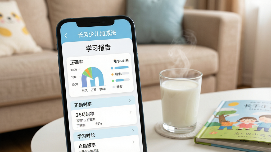 画面主体为手机屏幕展示长风少儿加减法的学习报告页面,页面以图表和列表形式展示学习数据,包括正确率和学习时长。手机旁边放着一杯热牛奶和一本儿童故事书,背景是温馨的家庭客厅沙发。整体布局为手机界面特写,排版简洁,采用现代扁平化风格,色调以浅蓝和白色为主,细节清晰,画质高清干净,无多余元素,图片中文字为“长风少儿加减法”和“学习报告”。