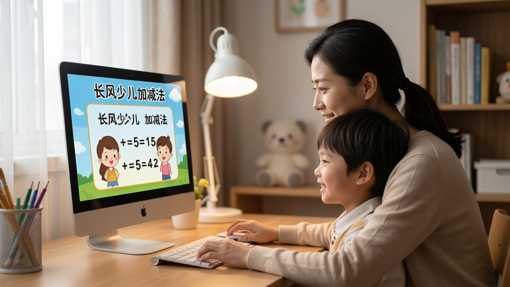 画面主体为家长正在辅导孩子使用电脑学习长风少儿加减法,电脑屏幕上显示着卡通加减法题目,孩子脸上带着笑容。周围环境是整洁的书房,有台灯和书架。整体布局为温馨的家庭场景,排版自然,采用写实摄影风格,光线柔和,细节丰富,画质高清干净,无多余元素,图片中文字为“长风少儿加减法”。