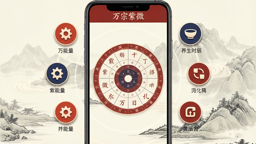 主体:一款名为“万宗紫微”的安卓手机应用界面,屏幕中央展示紫微斗数星盘图谱,四周环绕每日能量、养生时辰、黄历工具等圆形功能图标;布局:手机居中,界面清晰,功能图标以环形排列,背景为淡雅的古典水墨山水画;排版:图标下方配有中文标签,整体对齐工整;风格:融合传统国风与现代扁平化设计,色调以朱红、藏青、米白为主;细节:图标带有细腻的阴影与光晕效果,界面顶部显示“万宗紫微”字样;画质:高清渲染,干净,无多余元素。