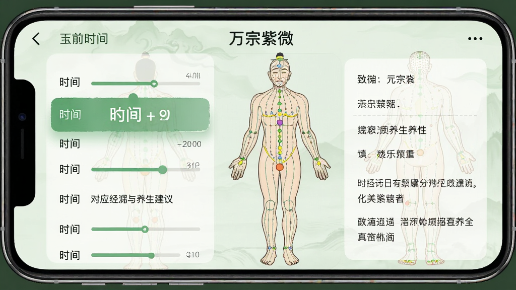 主体:手机界面显示“万宗紫微”的养生时辰页面,当前时辰以高亮标记,下方列出对应经络与养生建议,背景为简洁的中医经络人体图;布局:手机横屏展示,左侧为时辰列表,右侧为详情;排版:信息条理清晰,重点突出;风格:淡雅国风,浅绿色调;细节:时辰进度条、建议文字清晰可读;画质:高清,干净,无多余元素。