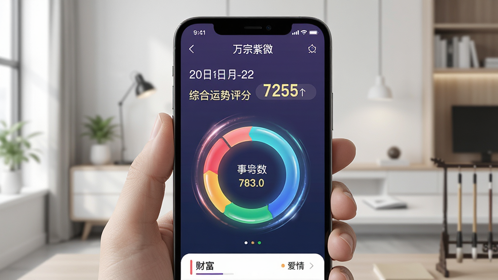 主体:手机屏幕展示“万宗紫微”APP的每日能量页面,顶部为日期和综合运势评分,下方以彩色环形图展示财富、事业、爱情等分类指数;布局:手机持握在手中,背景为简洁的现代书房环境;排版:信息层级分明,数据可视化清晰;风格:现代简约与国潮结合,色彩明快;细节:环形图带有动态光泽效果,关键数据以数字高亮显示;画质:高清,干净,无多余元素。