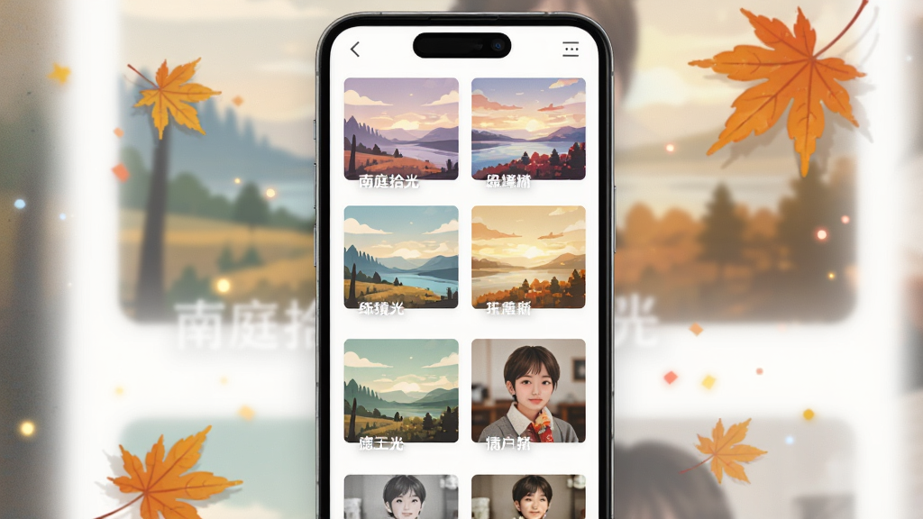 ����Ϊ��ͥʰ��App���˾�ѡ����棬��Ļ�����������Ŷ���˾�����ͼ��ÿ������ͼչʾ��ͬɫ���ķ羰���������š�����Ϊ�ֻ���Ļ���У�����ɢ���ż�Ƭ��Ҷ�͹�Ӱ���ӣ����Ϊ���������ı�ƽ�廭�磬ϸ�����˾������ð�ɫС�ֱ�ע�����ʸɾ�ͨ͸���޶���Ԫ�ء�
