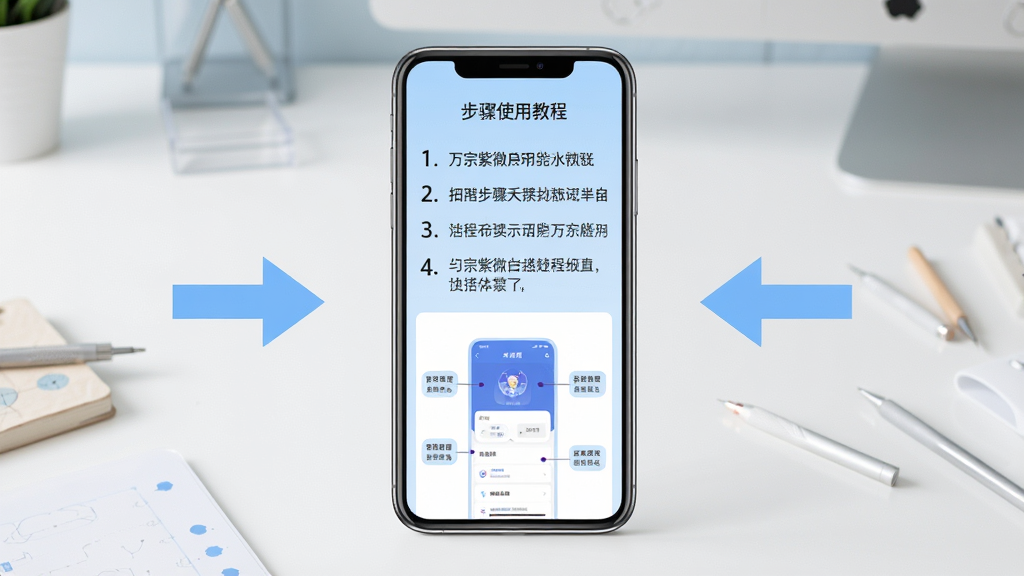 主体:手机屏幕展示万宗紫微APP的使用教程页面,上方为步骤说明文字,下方为功能示意图,背景为简洁的工作台;布局:手机居中,两侧有操作指示箭头;排版:步骤编号清晰,图文并茂;风格:清新简约,浅蓝色调;细节:教程文字清晰,示意图带有标注;画质:高清,干净,无多余元素。