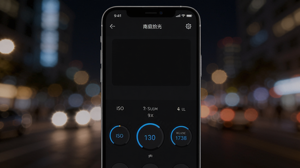 ����Ϊ��ͥʰ��App�ֶ�ģʽ���棬��Ļ�·���ʾISO�����š���ƽ���Բ�ε���ת�̣�����Ϊҹ�����еƹ��黯Ч��������Ϊ�ֻ���Ļռ�ݻ������룬������״̬��ͼ�꣬���Ϊ��ɫ�Ƽ���UI��ƣ�ϸ���в�����ֵ����ɫ������ʾ������ϸ��ɾ����޶���Ԫ�ء�
