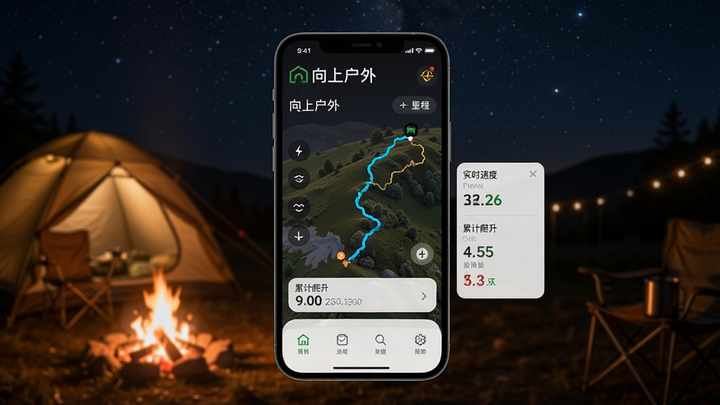 ��������Ϊ�ֻ�������ʾ�����ϻ��⡹App�Ĺ켣��¼���棬����Ϊҹ���ǿ��µ�����Ӫ�ء�����չʾʵʱ�ٶȡ���̡��ۼ��������ݡ����ֲ����ֻ�������д��Ӫ�������黯��Ϊ���������дʵ��ܰ��ɫ��ƫů��ϸ��չ��App������������塣���ʸ��壬�ɾ��޶���Ԫ�ء�