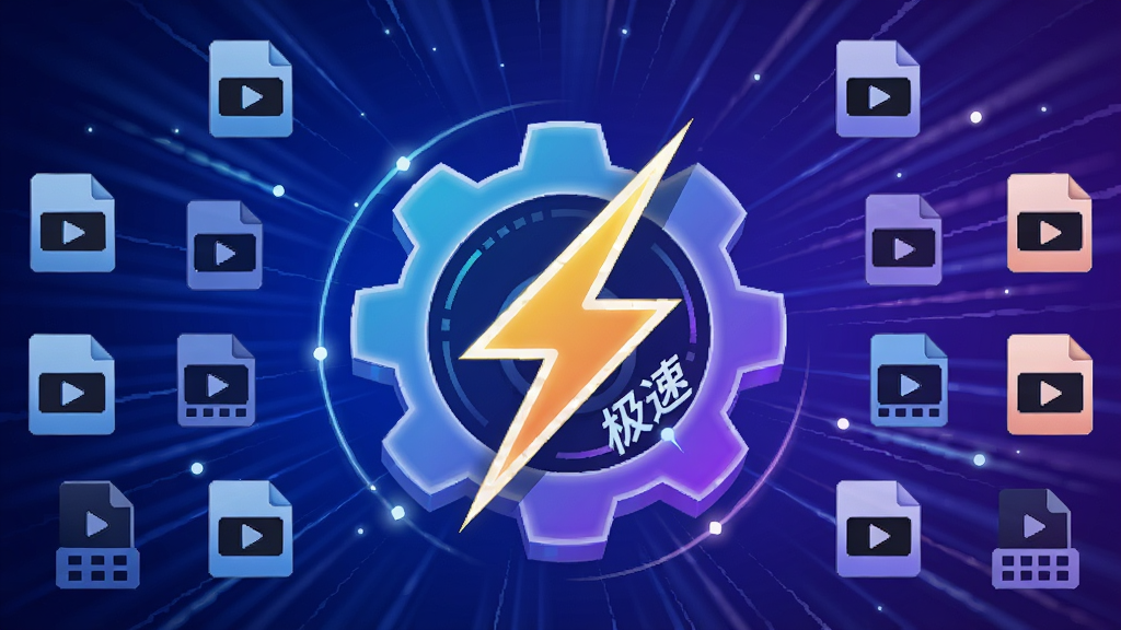 主体:闪电Android视频转换器极速转换功能示意图,一个高速运转的齿轮与闪电图标结合,背景有动态速度线条。布局:主视觉居中,齿轮与闪电组合作为视觉焦点,周围环绕不同格式的视频文件图标。排版:图标排列有序,速度线条呈放射状。风格:科技感插画风,蓝紫色渐变,富有动感。细节:齿轮上带有“极速”文字标签,线条间有微小的光点。画质:高分辨率,干净,无多余元素。