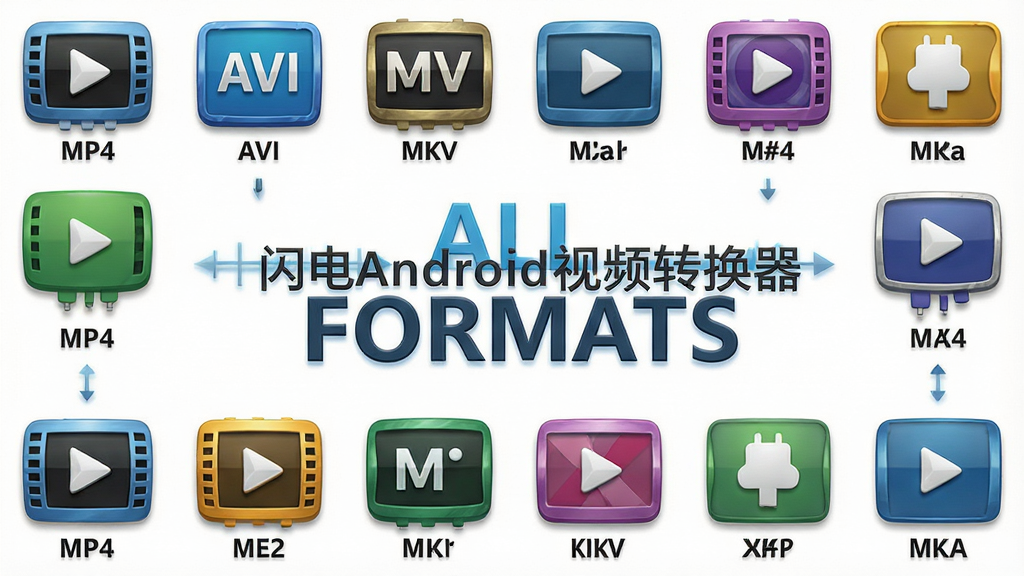 主体:闪电Android视频转换器格式支持墙,展示多种视频格式图标,如MP4、AVI、MKV、MOV等。布局:格式图标呈矩阵排列,中心突出“ALL FORMATS”字样。排版:图标大小统一,排列整齐,色彩各异。风格:简洁科技风,白色背景,图标立体感强。细节:每个图标下方有格式名称文字,中心有软件名称“闪电Android视频转换器”。画质:高清渲染,干净,无多余元素。