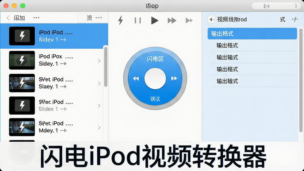 一张展示闪电iPod视频转换器主界面的高清截图,界面左侧显示视频添加列表,右侧为输出格式选择区域,中间是醒目的圆形转换按钮,整体风格简洁现代,色彩以蓝白为主,画质清晰干净,无多余元素,图片下方标注“闪电iPod视频转换器”字样