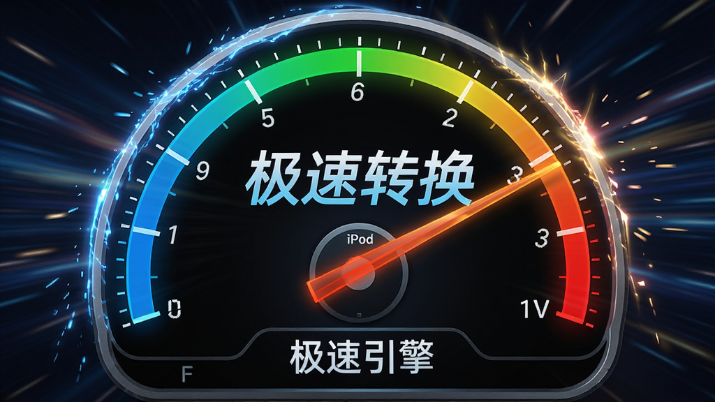 一张展示闪电iPod视频转换器高速转换速度的仪表盘图片,仪表盘指针指向高速区域,背景为动态光效,画面中央显示“极速转换”字样,整体风格科技感强,色彩炫丽,画质细腻,无多余元素,图片标注“极速引擎”