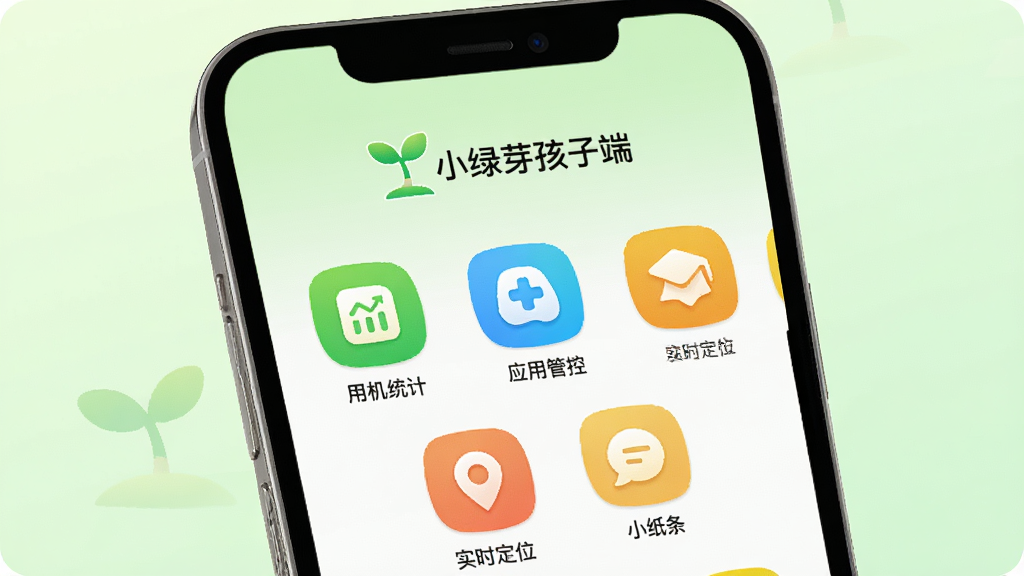 画质干净无多余元素,画面中心是一块智能手机屏幕,屏幕上展示小绿芽孩子端的主界面,界面顶部显示绿色芽苗Logo和“小绿芽孩子端”字样,下方排列着“用机统计”、“应用管控”、“实时定位”、“小纸条”等彩色功能图标,整体风格清新简约,背景为淡绿色渐变,四周留白,突出APP界面细节,高清渲染,无多余元素