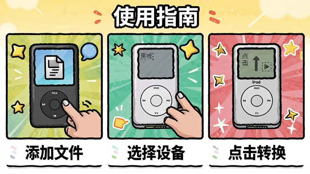 一张展示闪电iPod视频转换器使用步骤的漫画风格图片,分为三个步骤:第一步添加文件,第二步选择设备,第三步点击转换,每个步骤下方有简短的文字说明,整体风格活泼,色彩鲜艳,画质清晰,无多余元素,图片标注“使用指南”