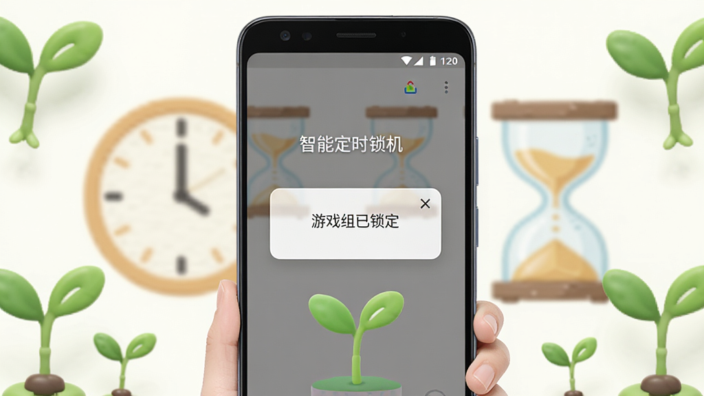 画质干净无多余元素,展示小绿芽孩子端在安卓手机上的“智能定时锁机”功能界面,屏幕中显示“游戏组已锁定”的弹窗,背景为时钟与沙漏图标,四周有绿色芽苗装饰,界面简洁直观,风格清新,高清渲染,无多余元素