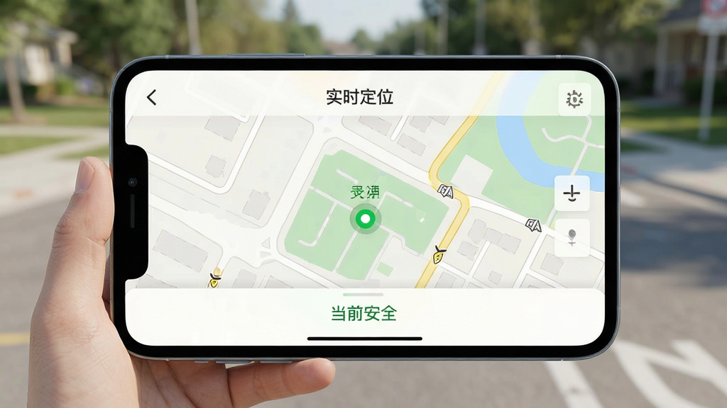 画质干净无多余元素,展示小绿芽孩子端“实时定位”功能界面,屏幕中显示地图视图,孩子位置以绿色小点标识,底部显示“当前安全”状态,背景为户外街道地图,界面清晰直观,风格简洁,高清渲染,无多余元素