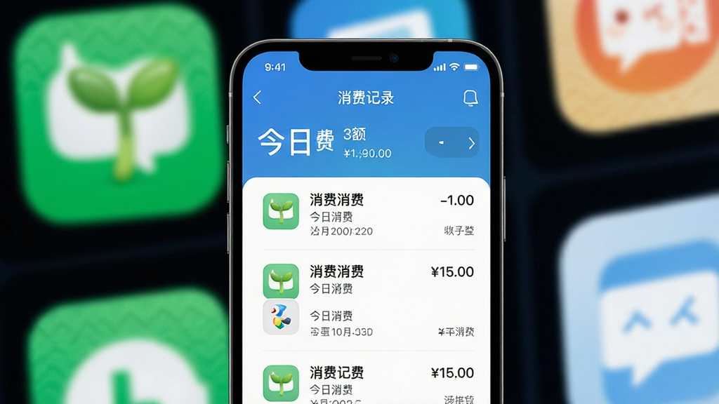 画质干净无多余元素,展示小绿芽孩子端“消费记录”界面,屏幕中列出多条消费明细,顶部显示“今日消费”总额,背景为手机支付图标,风格简洁清晰,高清渲染,无多余元素