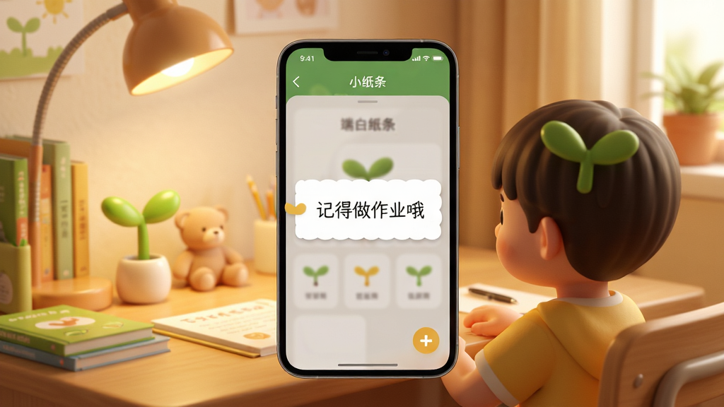 画质干净无多余元素,展示小绿芽孩子端“小纸条”功能界面,手机屏幕中央弹出“记得做作业哦”的便签样式消息,背景为温馨家庭书桌场景,风格温暖,高清渲染,无多余元素