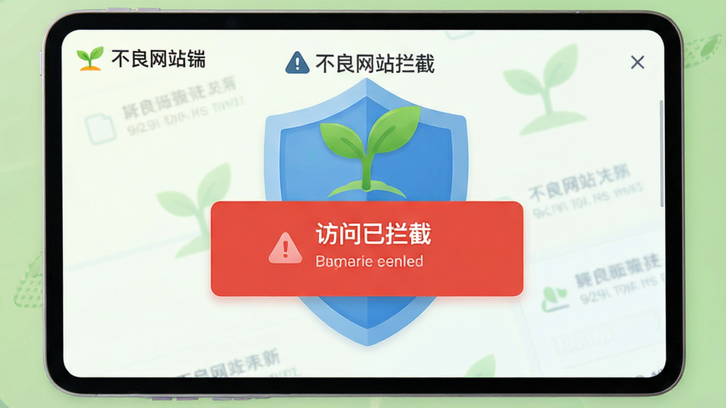 画质干净无多余元素,展示小绿芽孩子端“不良网站拦截”功能界面,屏幕中显示“访问已拦截”警告页面,背景为盾牌与绿色芽苗图标,风格警示但不失亲和,高清渲染,无多余元素