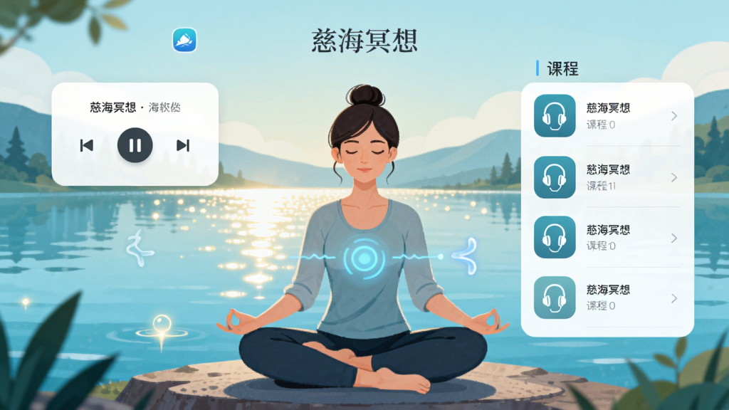 慈海冥想应用主界面预览图,主体为一位女性在宁静的湖边闭目冥想,界面悬浮着播放控制卡片和课程列表,布局清晰,排版以居中对称为主,风格是治愈系插画与扁平化UI结合的现代风格,细节包括湖面波光、耳机、呼吸光效,画质高清,干净无多余元素,图片中文字为