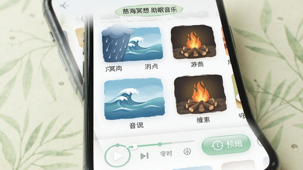 慈海冥想助眠音乐库功能预览图,主体为手机屏幕展示多种自然音效图标如雨声、海浪、篝火,布局为网格列表,排版整洁,风格清新自然,细节包括播放进度条、定时关闭按钮,画质细腻,干净无多余元素,图片中文字为