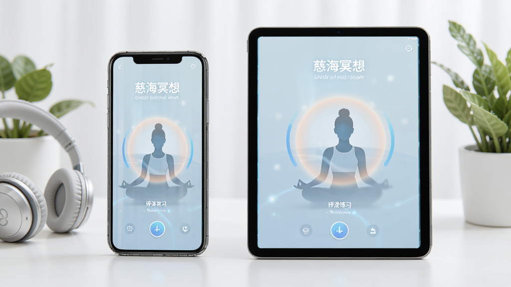 慈海冥想使用场景示意图,主体为手机和平板并排摆放,屏幕显示呼吸练习界面,布局为左右对称,排版简洁,风格现代科技感,细节包括柔和的呼吸光晕、耳机、绿植,画质通透,干净无多余元素,图片中文字为