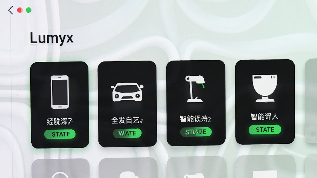 Lumyx主界面展示设备列表,手机与车载设备、智能台灯等图标以卡片式排列,连接状态用绿色高亮显示,界面简洁清晰,背景淡雅,画质细腻,无多余元素