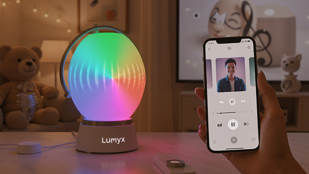 Lumyx音乐互动场景,智能台灯随音乐节奏变幻彩色光效,手机屏幕显示音乐控制界面,氛围温馨,科技感与时尚感结合,高清画质,无多余元素