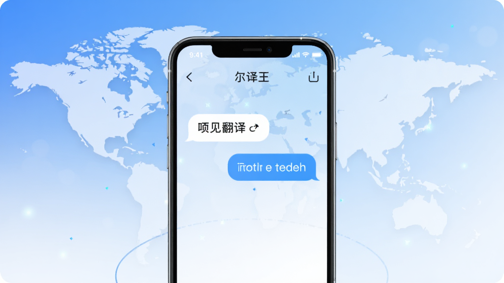 一幅现代简约风格的手机应用宣传图,主体是一部亮屏的智能手机,屏幕中央显示尔译王翻译界面的概念图,界面中有中文和英文的对话气泡,背景为渐变的蓝色与白色,象征语言互通的世界,布局干净,科技感强,画质清晰,无多余元素