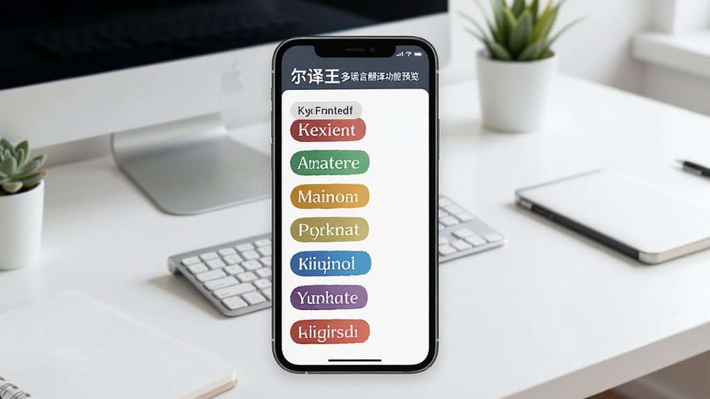 尔译王多语言翻译功能预览图,展示手机屏幕上同时显示多种语言的翻译列表,每种语言用不同颜色的标签区分,背景是干净的工作台,布局整齐,风格简洁明快,画质高清