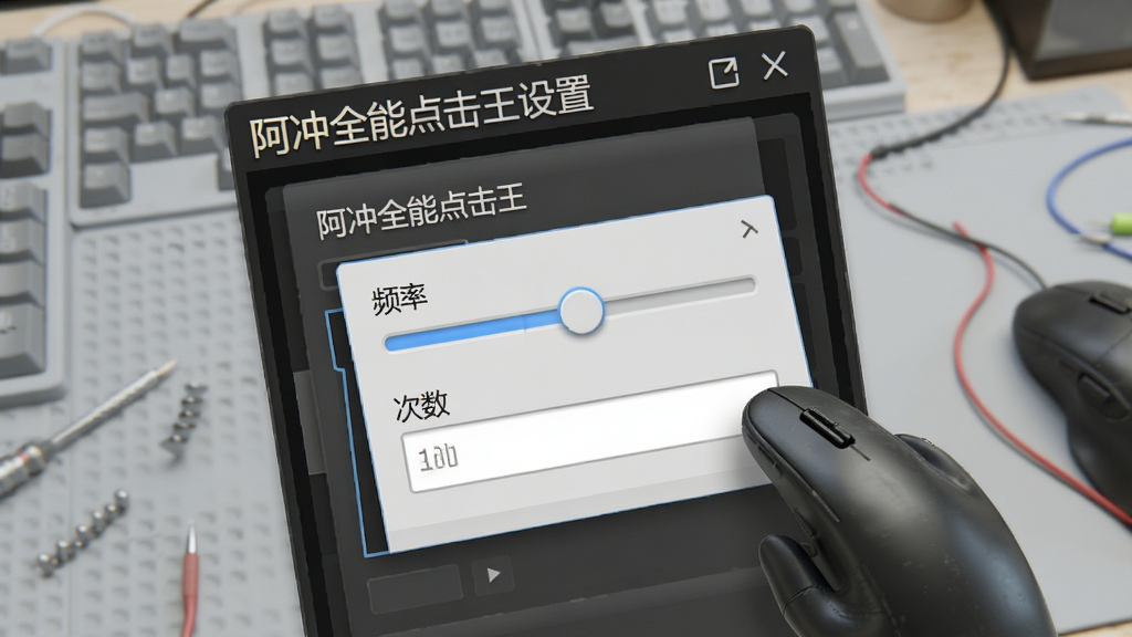 特写“阿冲全能点击王”软件设置界面,鼠标点击参数面板展开,包含频率滑块、次数输入框,背景为浅灰色工作台,风格写实,细节丰富,画质清晰,无多余元素