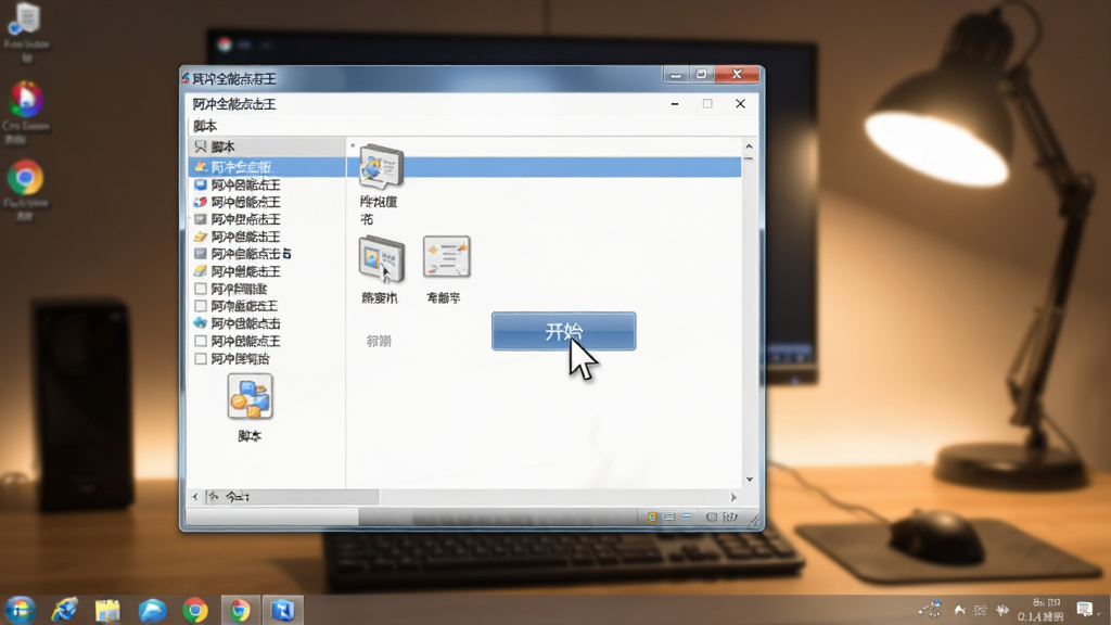 电脑桌面上运行“阿冲全能点击王”,主窗口显示脚本列表,鼠标指针停在“开始”按钮上,背景虚化,灯光柔和,写实风格,细节清晰,画质干净