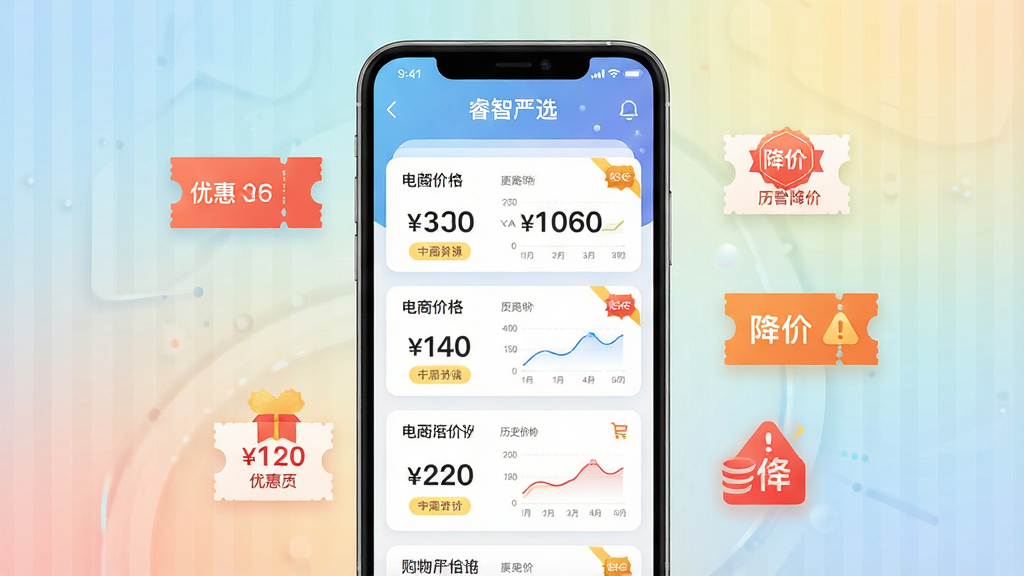 主体:智能手机屏幕展示“睿智严选”App界面,屏幕中央显示多个电商平台价格对比列表,周围有优惠券和降价提醒图标。布局:手机居中,背景为柔和渐变色,界面元素清晰分层。排版:界面采用卡片式布局,价格数字突出,对比信息条理分明。风格:现代扁平化设计,色彩清新明快,科技感与购物氛围结合。细节:价格标签、折扣徽章、历史价格曲线小图点缀其中,屏幕上方显示“睿智严选”字样。画质:高清渲染,干净无多余元素。
