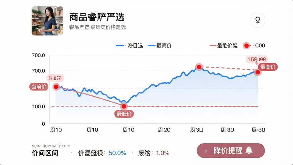 主体:“睿智严选”App的历史价格走势页面,展示一条折线图,横轴为日期,纵轴为价格,图上标注“当前价”、“最低价”、“最高价”等节点。布局:图表占据屏幕大部分,下方有价格区间统计和“降价提醒”按钮。排版:折线图用蓝色线条,价格节点用红色圆点突出,背景白色。风格:极简数据可视化风格,清晰易读。细节:图上方显示商品名称和图片,图例说明齐全。画质:高清晰度,无多余元素。
