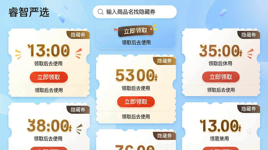 主体:“睿智严选”App的优惠券中心页面,展示多张不同面额的优惠券卡片,每张卡片上有“立即领取”按钮。布局:页面采用瀑布流布局,优惠券卡片错落有致,背景为淡蓝色渐变。排版:券面金额用大号金色字体显示,使用条件用小字标注,右上角有“隐藏券”标签。风格:活泼明快,视觉冲击力强,突出优惠氛围。细节:卡片底部有“领取后去使用”提示,顶部搜索栏显示“输入商品名找隐藏券”。画质:高清渲染,色彩饱满,无多余元素。