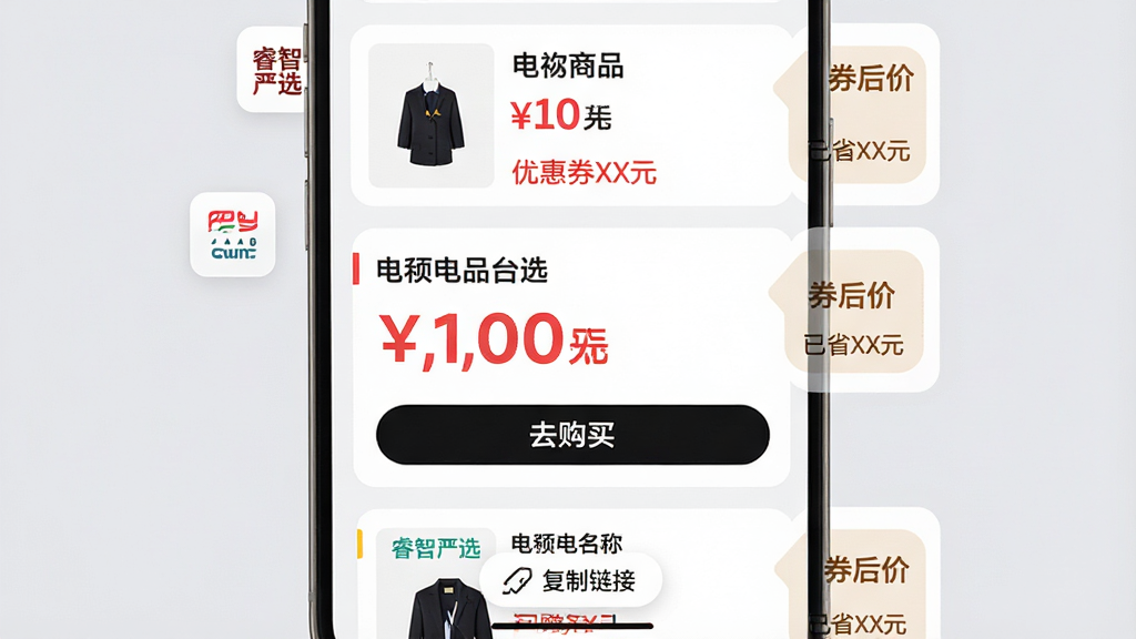 主体:“睿智严选”App的比价结果页面,展示同一商品在多个电商平台的名称、价格和优惠券信息。布局:手机屏幕特写,页面从上到下依次排列平台图标、商品图、价格标签和“去购买”按钮。排版:价格数字用红色加大字体突出显示,平台名称用不同颜色标识。风格:简洁商务风,背景浅灰色,卡片圆角设计。细节:每个平台卡片右侧显示“券后价”和“已省XX元”字样,底部有“复制链接”悬浮按钮。画质:高分辨率,界面清晰,无多余元素。