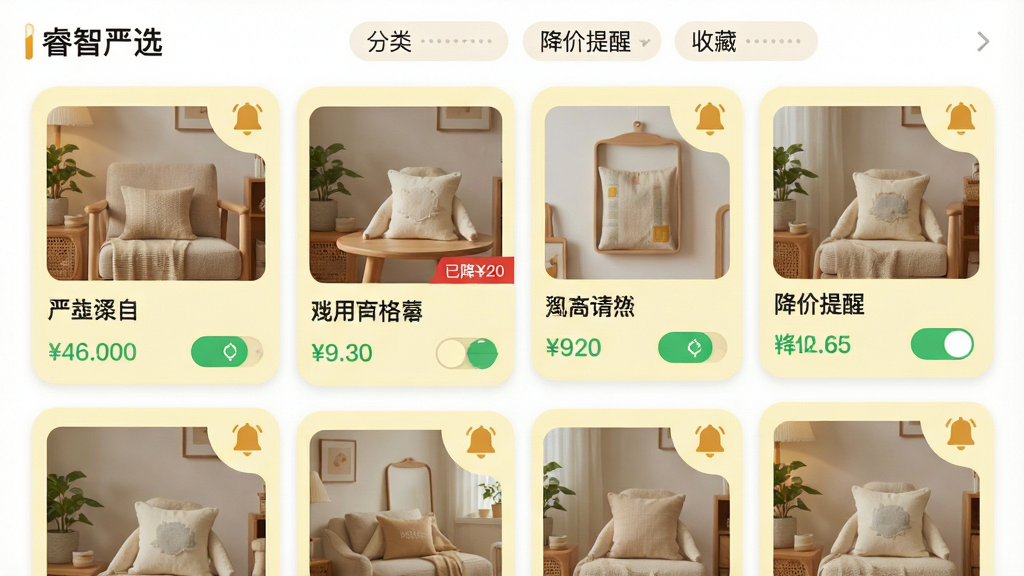 主体:“睿智严选”App的收藏夹页面,展示多个商品卡片,每个卡片上有价格标签和“降价提醒”开关。布局:页面采用网格布局,商品图片为主,下方为名称和价格,右上角有铃铛图标。排版:卡片圆角设计,背景浅黄色,价格用绿色显示。风格:温馨居家风,突出“省心”感。细节:其中一个商品卡片上显示“已降¥20”的红色角标,顶部有分类标签。画质:高清渲染,无多余元素。