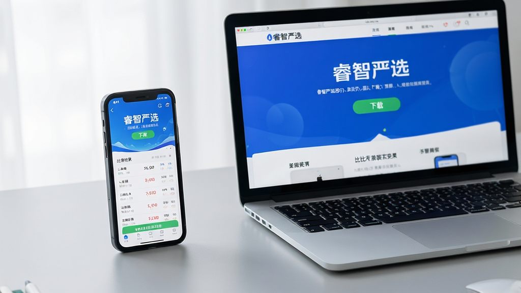 主体:一部手机和一台电脑并排摆放,屏幕上显示“睿智严选”App的下载安装页面和操作界面。布局:手机和电脑相对,电脑屏幕显示“睿智严选”官网,手机屏幕显示App主界面。排版:画面干净,光线明亮,背景为浅灰色工作台。风格:科技感与生活化结合,真实场景拍摄风格。细节:手机屏幕上显示比价结果列表,电脑屏幕上显示“下载”按钮。画质:高清,无多余元素。