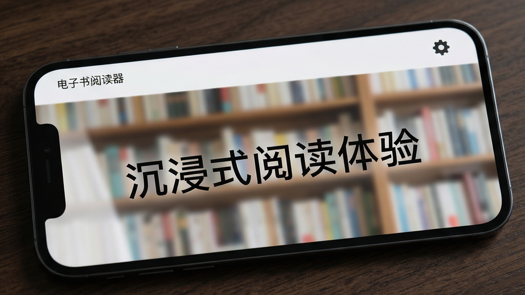 主体:软件“电子书阅读器”的阅读界面特写,屏幕显示调整排版后的文字段落。布局:手机横屏展示,屏幕占据画面主体,背景为深色木质桌面。排版:文字段落清晰,行间距适中,字体边缘平滑,右上角显示设置图标。风格:写实风格,光线柔和,突出屏幕显示效果,文字内容可辨认为中文段落。细节:屏幕中文字为“沉浸式阅读体验”,背景有模糊的书架轮廓。画质:高清晰度,干净无多余元素。