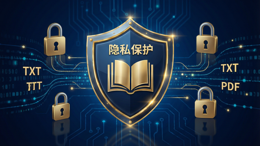 主体:一个盾牌图标,中间有书本图案,背景为科技感线条。布局:盾牌居中,周围环绕着加密锁和数据流线条。排版:盾牌图标醒目,线条流畅,整体平衡。风格:未来科技风,深蓝色背景,金色线条勾勒。细节:盾牌上写有“隐私保护”,数据流中有“TXT”、“PDF”字样。画质:高清渲染,光影效果出色,干净无多余元素。