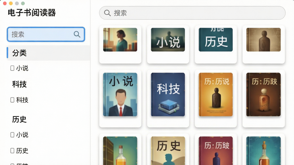 主体:软件“电子书阅读器”的书架管理界面,展示分类和书籍列表。布局:左侧为分类侧边栏,右侧为书籍网格,上方为搜索栏。排版:书籍封面排列整齐,分类名称清晰可见,搜索栏突出。风格:简洁商务风,背景白色,卡片式设计,阴影效果自然。细节:分类包含“小说”、“科技”、“历史”,书籍封面颜色各异,搜索框内有放大镜图标。画质:高清,色彩准确,干净无多余元素。