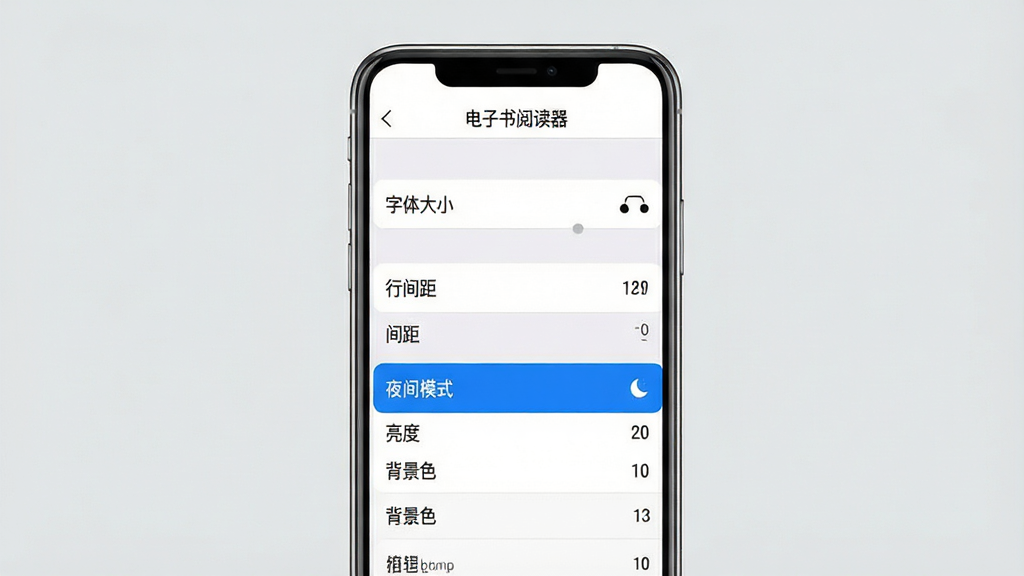 主体:手机屏幕显示“电子书阅读器”的设置界面,包含字体、亮度、背景色等选项。布局:手机居中,屏幕内展示设置列表,背景为浅灰色。排版:设置项清晰排列,每个选项右侧有当前值显示。风格:简洁商务风,白色背景,蓝色高亮选中项。细节:屏幕中显示“字体大小”、“行间距”、“夜间模式”等选项。画质:高清渲染,干净无多余元素。