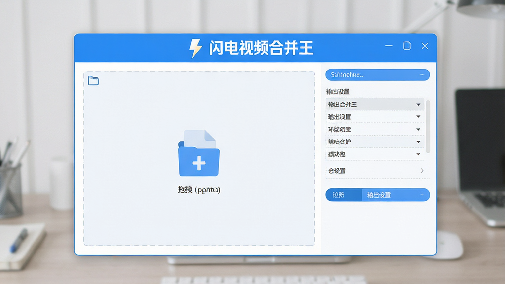 一张现代简约风格的软件界面展示图,画面中央是明亮干净的软件主窗口,上方显示“闪电视频合并王”品牌标识,左侧为文件拖拽区,右侧为输出设置面板,整体采用蓝白配色,扁平化设计,细节清晰,画质干净,无多余元素。