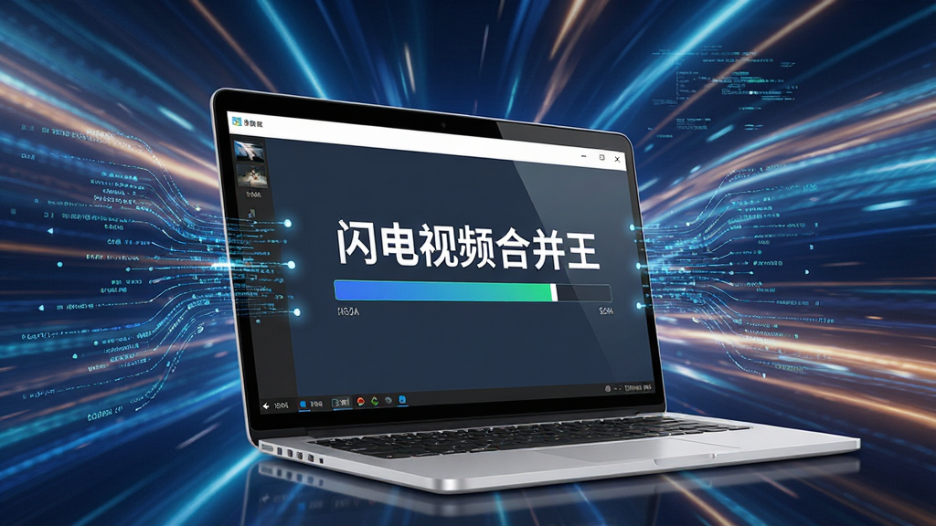 一张高速运转的数字科技风格图片,背景为动态光效,前景展示一部笔记本电脑屏幕,屏幕上显示“闪电视频合并王”软件正在合并视频的进度条,周围有微小的数据流线条,体现极速与高效,画面锐利,干净无杂物。