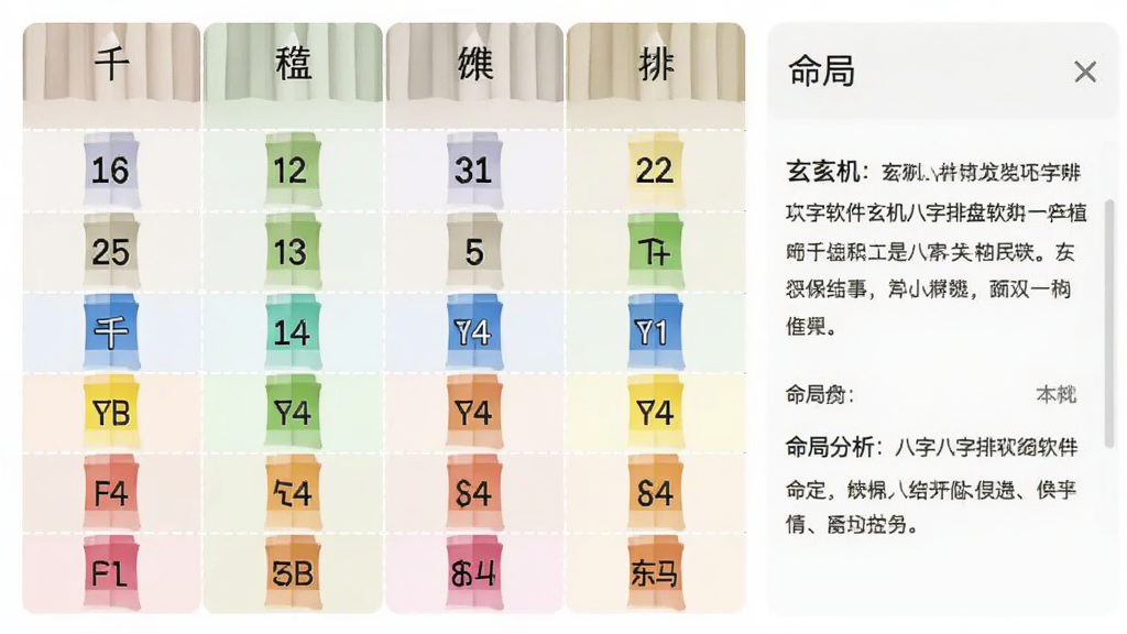 玄机八字排盘软件的八字排盘结果页面预览图,页面以表格形式清晰展示四柱干支,每个柱位配有五行颜色标识,右侧有简短的命局分析文字,整体界面信息层级分明,色彩柔和,画质干净,无多余装饰