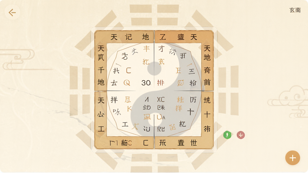 一张展示玄机八字排盘应用主界面的高清截图,界面设计简洁大方,以暖色调为主,中央清晰显示一个完整的八字排盘结果,包含天干地支、五行属性等关键信息,背景有淡淡的太极八卦水印,整体风格古典与现代融合,画质清晰干净,无多余元素